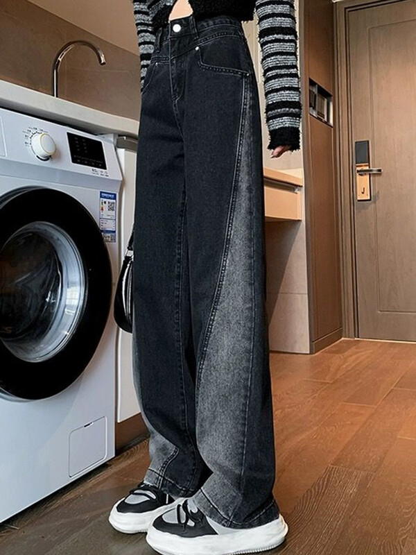 Naine kõrge vöökohaga teksad Naine Ameerika High Street Patchwork Sirged püksid Tüdrukud Must Hall Kontrastvärv Laiad püksid