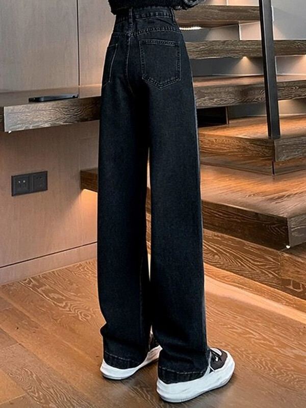 Naine kõrge vöökohaga teksad Naine Ameerika High Street Patchwork Sirged püksid Tüdrukud Must Hall Kontrastvärv Laiad püksid