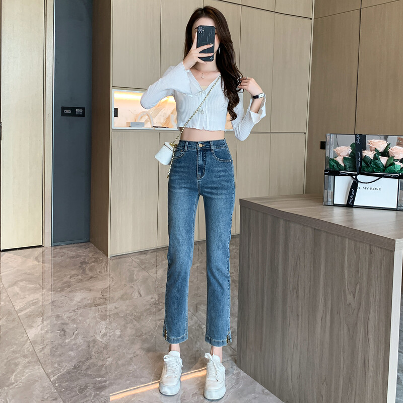 Ženske rastezljive traperice s visokim strukom, ravne hlače sa šljokicama Mujer, modne traperice s trapericama do gležnja, ženske, proljeće 2024.