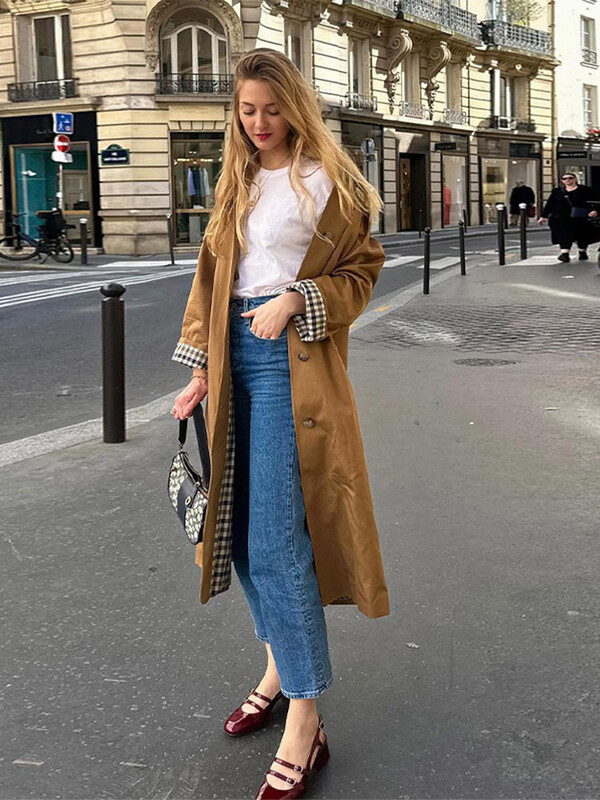 Naine vabaaja khakivärvi ruuduline voodriga revääriga pikad mantlid Moodne üherealine taskuga jakk 2024. aasta sügise daami tuulejope