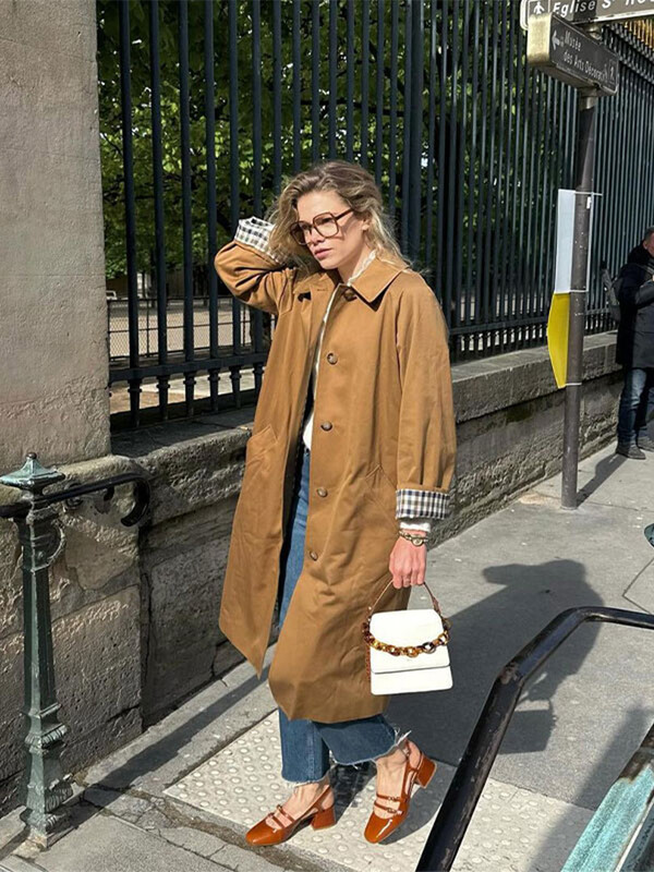 Naine vabaaja khakivärvi ruuduline voodriga revääriga pikad mantlid Moodne üherealine taskuga jakk 2024. aasta sügise daami tuulejope