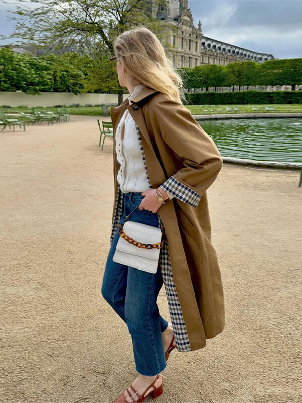 Naine vabaaja khakivärvi ruuduline voodriga revääriga pikad mantlid Moodne üherealine taskuga jakk 2024. aasta sügise daami tuulejope