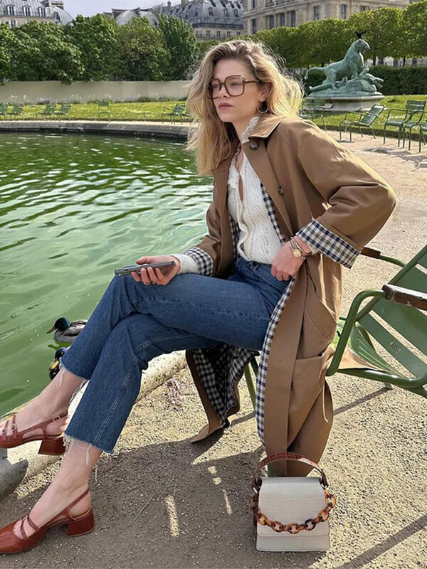 Naine vabaaja khakivärvi ruuduline voodriga revääriga pikad mantlid Moodne üherealine taskuga jakk 2024. aasta sügise daami tuulejope