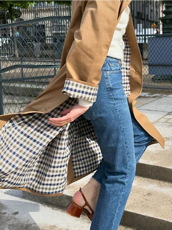 Naine vabaaja khakivärvi ruuduline voodriga revääriga pikad mantlid Moodne üherealine taskuga jakk 2024. aasta sügise daami tuulejope