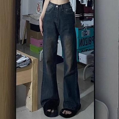 Ins Naised Korea retro kõrge vöökohaga sirge säärega teksad Naiste laia säärega püksid Lady lahtised sinised pestud teksapüksid