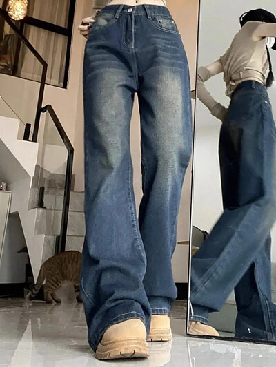 Ins Femei Coreeană Retro cu talie înaltă Blugi cu picioare drepte Pantaloni largi de femeie High Street Pantaloni largi, albastru, spălat din denim