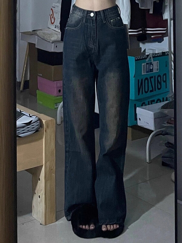 Ins Γυναικεία Κορεάτικη ρετρό ψηλή μέση ίσιο τζιν Γυναικείο παντελόνι φαρδύ ψηλό πόδι Lady Loose μπλε πλυμένο τζιν παντελόνι