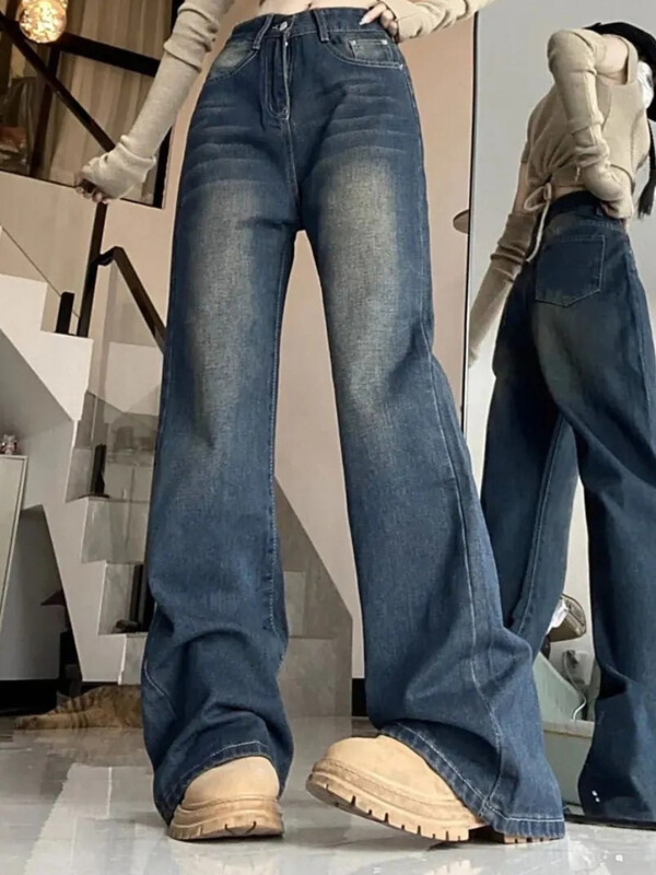 Ins Γυναικεία Κορεάτικη ρετρό ψηλή μέση ίσιο τζιν Γυναικείο παντελόνι φαρδύ ψηλό πόδι Lady Loose μπλε πλυμένο τζιν παντελόνι