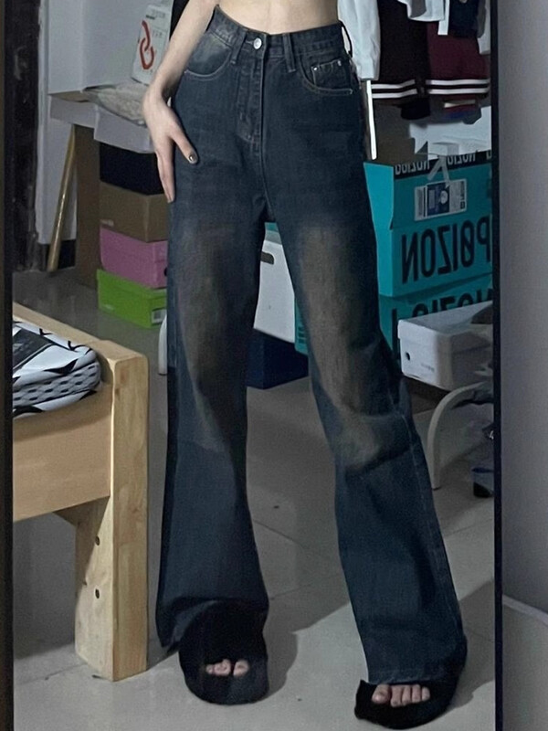 Ins Γυναικεία Κορεάτικη ρετρό ψηλή μέση ίσιο τζιν Γυναικείο παντελόνι φαρδύ ψηλό πόδι Lady Loose μπλε πλυμένο τζιν παντελόνι