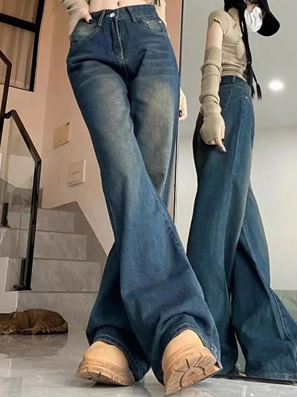 Ins Γυναικεία Κορεάτικη ρετρό ψηλή μέση ίσιο τζιν Γυναικείο παντελόνι φαρδύ ψηλό πόδι Lady Loose μπλε πλυμένο τζιν παντελόνι