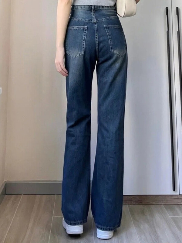 Ins Γυναικεία Κορεάτικη ρετρό ψηλή μέση ίσιο τζιν Γυναικείο παντελόνι φαρδύ ψηλό πόδι Lady Loose μπλε πλυμένο τζιν παντελόνι