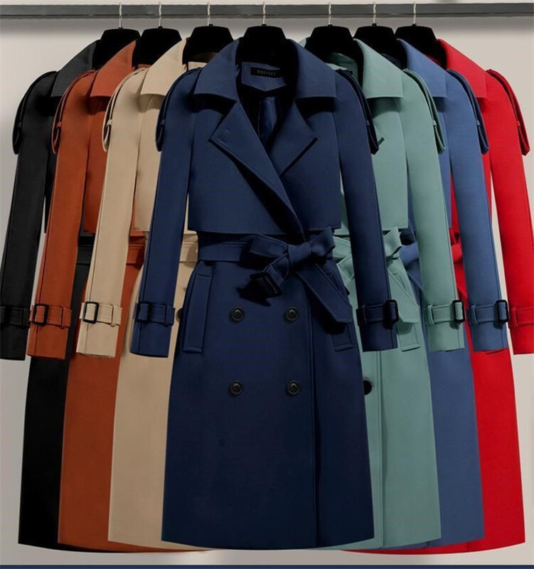 Γυναικεία μακριά καμπαρντίνα Μόδα αντιανεμικό παλτό Διπλό στήθος καμπαρντίνα Πράσινη ζώνη Ανεμοδράκος Άνοιξη φθινόπωρο Γυναικεία πανωφόρια