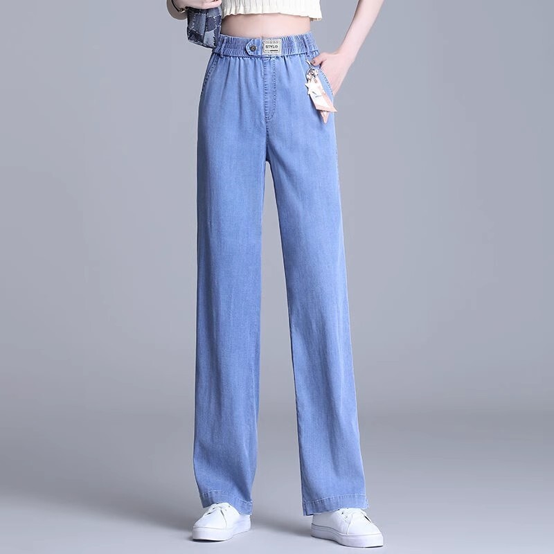 Pantaloni largi din denim cu talie înaltă pentru femei, vara 2024, nou stil subțire, pantaloni subțiri cu picior drept, blugi casual de damă