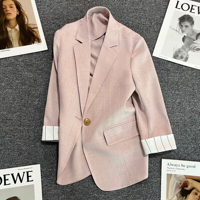 Manșete caise Jachetă de costum subțire în dungi pentru femeie, primăvară, vară, toamnă, haină de modă, blazer pentru femei, îmbrăcăminte exterioară ocazională, topuri