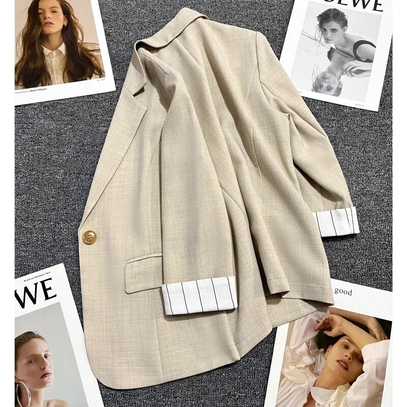 Manșete caise Jachetă de costum subțire în dungi pentru femeie, primăvară, vară, toamnă, haină de modă, blazer pentru femei, îmbrăcăminte exterioară ocazională, topuri