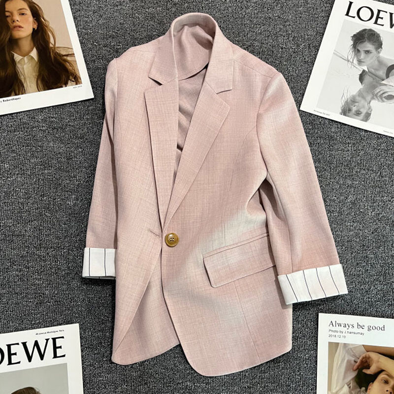 Manșete caise Jachetă de costum subțire în dungi pentru femeie, primăvară, vară, toamnă, haină de modă, blazer pentru femei, îmbrăcăminte exterioară ocazională, topuri