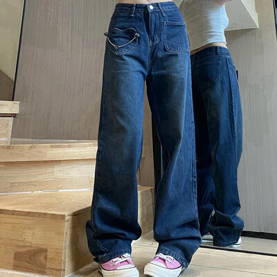 Naiste retrohõngulised kottis sirge säärega teksad Naiste disainsüdamega kõrge vöökohaga teksapüksid, tüdrukud, mood sügavsinised laia säärega püksid