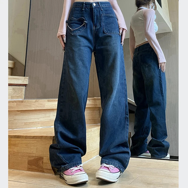 Naiste retrohõngulised kottis sirge säärega teksad Naiste disainsüdamega kõrge vöökohaga teksapüksid, tüdrukud, mood sügavsinised laia säärega püksid