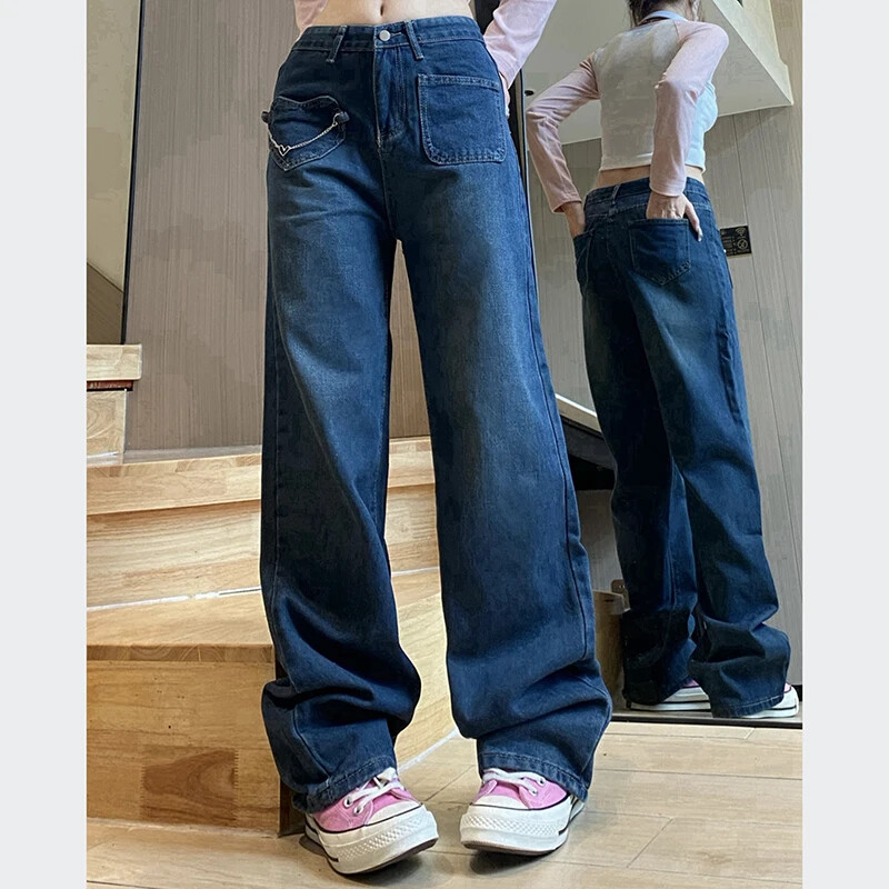 Naiste retrohõngulised kottis sirge säärega teksad Naiste disainsüdamega kõrge vöökohaga teksapüksid, tüdrukud, mood sügavsinised laia säärega püksid