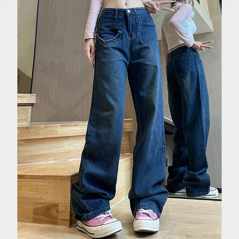 Naiste retrohõngulised kottis sirge säärega teksad Naiste disainsüdamega kõrge vöökohaga teksapüksid, tüdrukud, mood sügavsinised laia säärega püksid