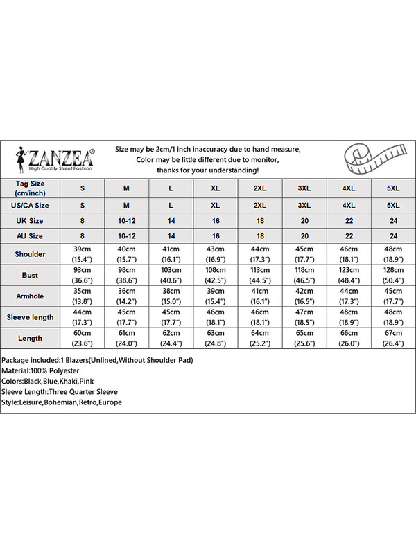 ZANZEA Елегантни офис облекла с деколте с ревери 3/4 ръкави Якета Тънки есенни дамски блейзъри Стилни OL работни костюми Дамски връхни дрехи