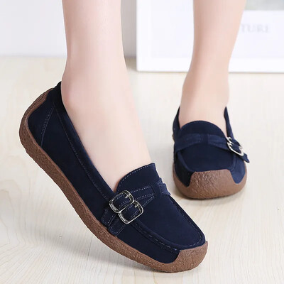 Prava koža Ženske ravne cipele Tenisice Mokasine Četvrtasti prsti Udobne natikače Jesenske ležerne natikače boje marelice Ženske cipele 43