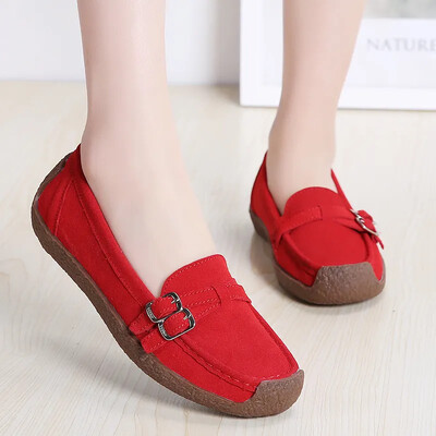 Prava koža Ženske ravne cipele Tenisice Mokasine Četvrtasti prsti Udobne natikače Jesenske ležerne natikače boje marelice Ženske cipele 43