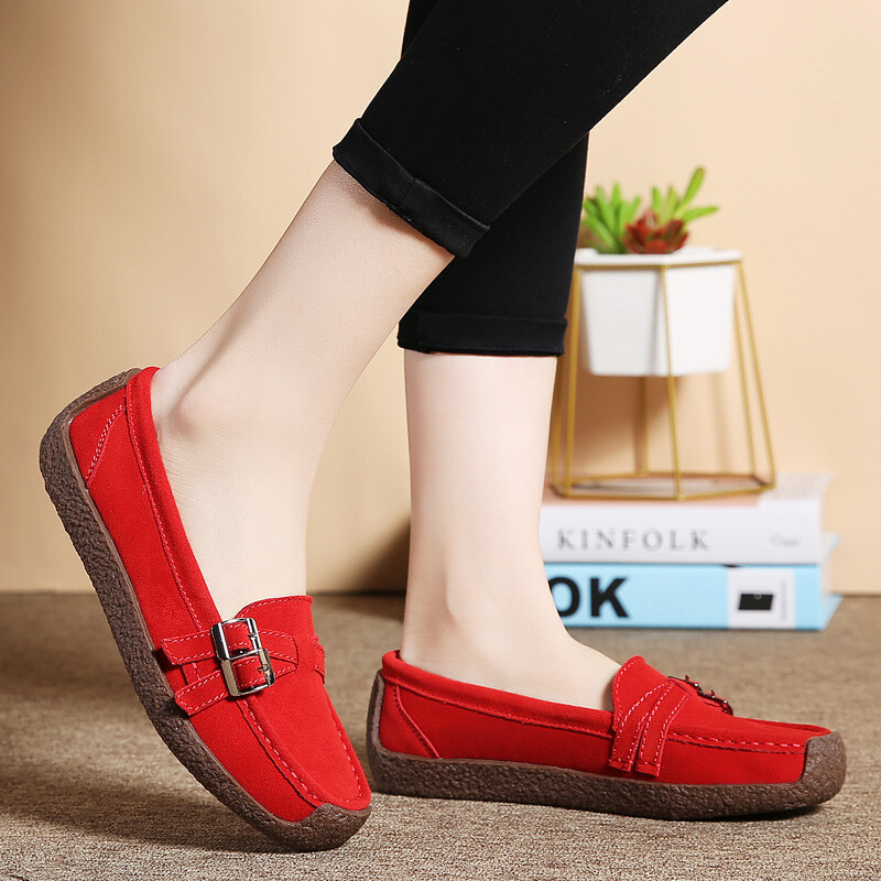 Prava koža Ženske ravne cipele Tenisice Mokasine Četvrtasti prsti Udobne natikače Jesenske ležerne natikače boje marelice Ženske cipele 43