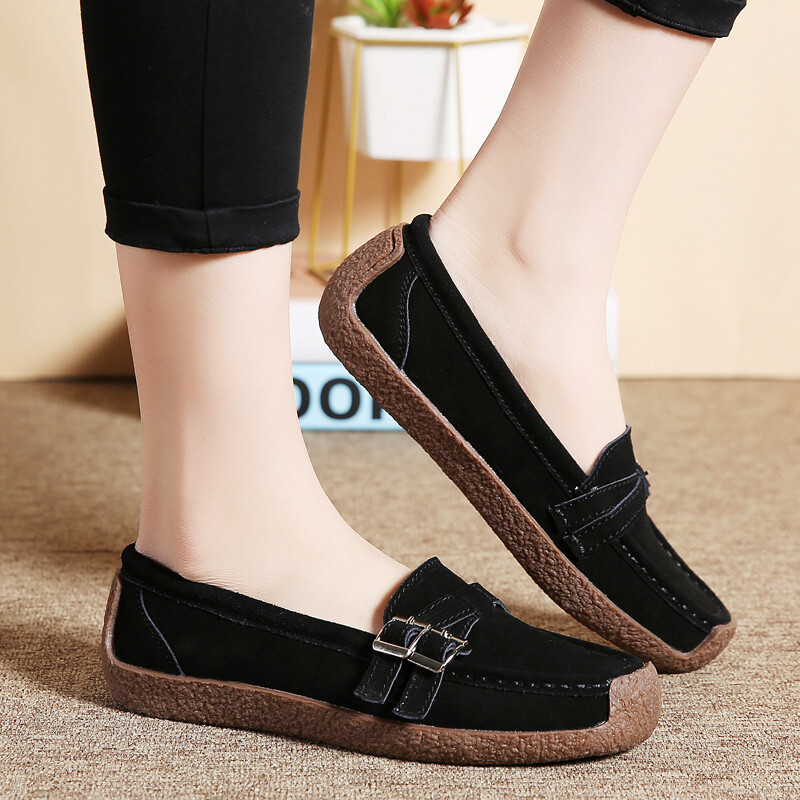 Prava koža Ženske ravne cipele Tenisice Mokasine Četvrtasti prsti Udobne natikače Jesenske ležerne natikače boje marelice Ženske cipele 43