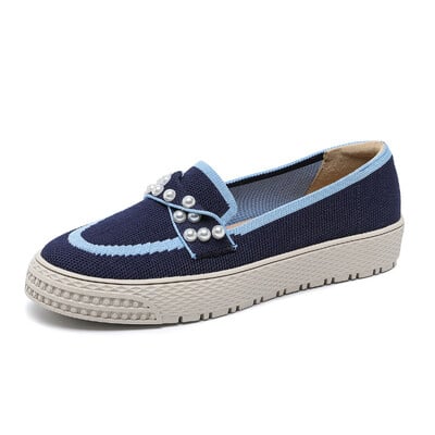 Cu vârf rotund perlat Pantofi cu talpă groasă pentru femei, ocazional și versatil, cu talpă plată, mocasini impermeabili și respirabili