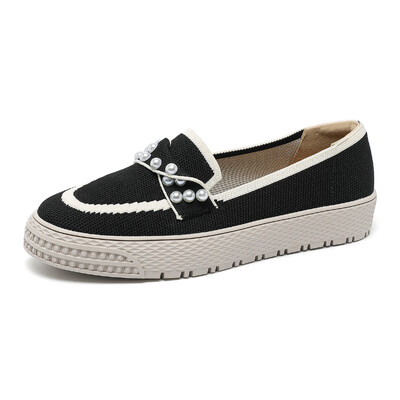 Cu vârf rotund perlat Pantofi cu talpă groasă pentru femei, ocazional și versatil, cu talpă plată, mocasini impermeabili și respirabili