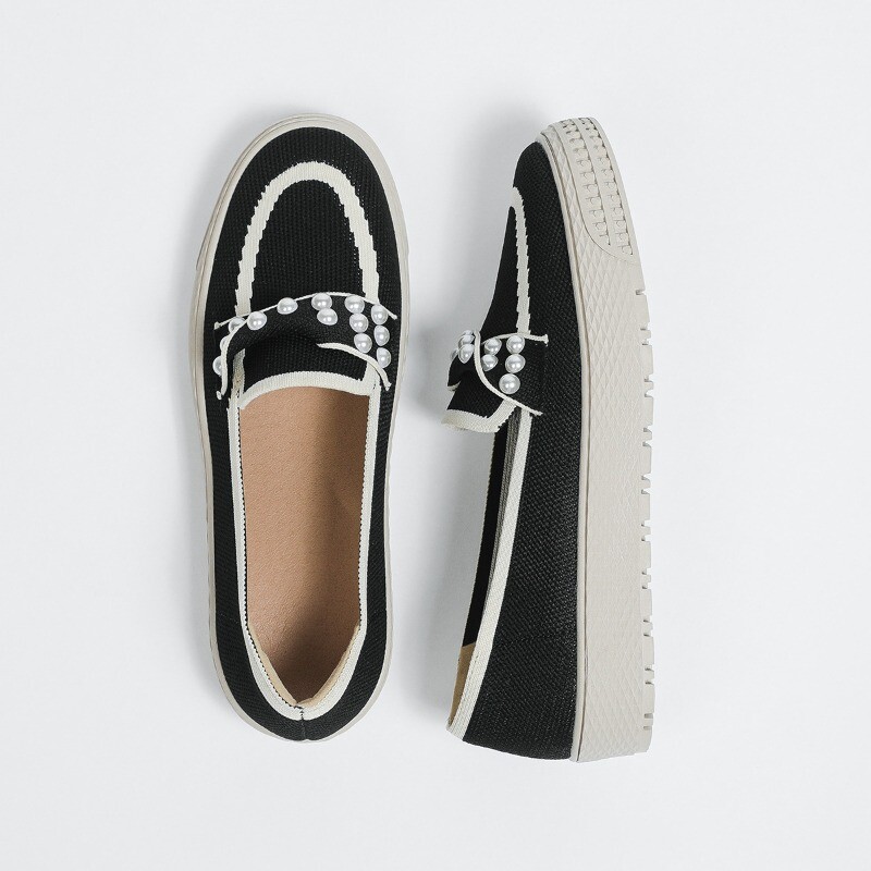 Cu vârf rotund perlat Pantofi cu talpă groasă pentru femei, ocazional și versatil, cu talpă plată, mocasini impermeabili și respirabili