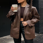 Ženska jakna od umjetne kože, ležerna kožna jakna s dugim rukavima i ovratnikom, topli kaput širokog kroja s džepovima