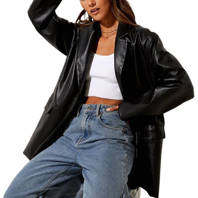 Ženska jakna od umjetne kože, ležerna kožna jakna s dugim rukavima i ovratnikom, topli kaput širokog kroja s džepovima