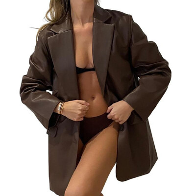 Ženska jakna od umjetne kože, ležerna kožna jakna s dugim rukavima i ovratnikom, topli kaput širokog kroja s džepovima