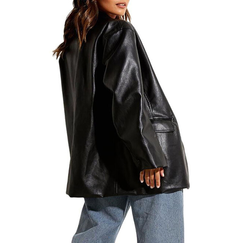 Ženska jakna od umjetne kože, ležerna kožna jakna s dugim rukavima i ovratnikom, topli kaput širokog kroja s džepovima