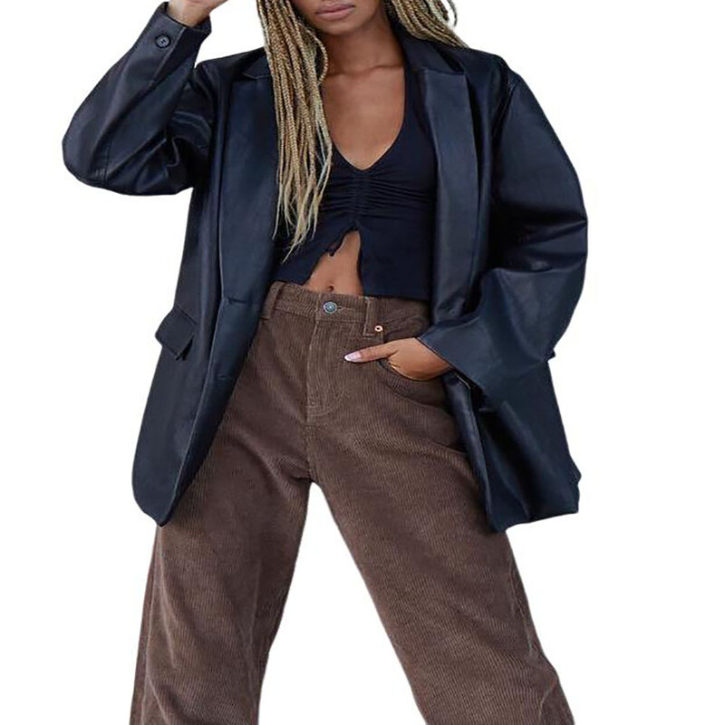 Ženska jakna od umjetne kože, ležerna kožna jakna s dugim rukavima i ovratnikom, topli kaput širokog kroja s džepovima