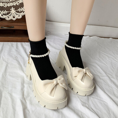 BCEBYLНови секси модни елегантни дамски обувки с плитка уста и кръгли пръсти с квадратен ток Дебела подметка Ежедневни едноцветни дамски обувки с панделка