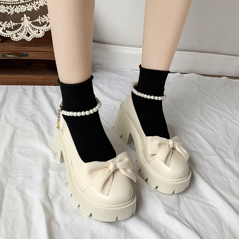 BCEBYLНови секси модни елегантни дамски обувки с плитка уста и кръгли пръсти с квадратен ток Дебела подметка Ежедневни едноцветни дамски обувки с панделка