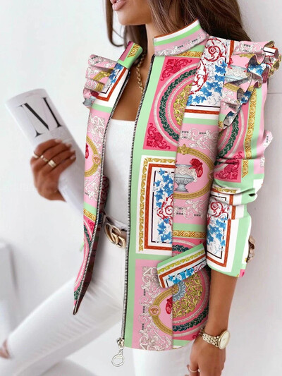 Novi jesenski i zimski kaput s malim odijelom s dugim rukavima i patentnim zatvaračem s volanima Ženska šik i elegantna ženska jakna Ženski kaputi