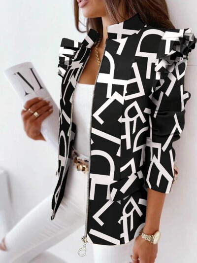 Novi jesenski i zimski kaput s malim odijelom s dugim rukavima i patentnim zatvaračem s volanima Ženska šik i elegantna ženska jakna Ženski kaputi