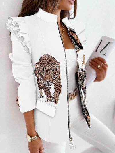 Novi jesenski i zimski kaput s malim odijelom s dugim rukavima i patentnim zatvaračem s volanima Ženska šik i elegantna ženska jakna Ženski kaputi