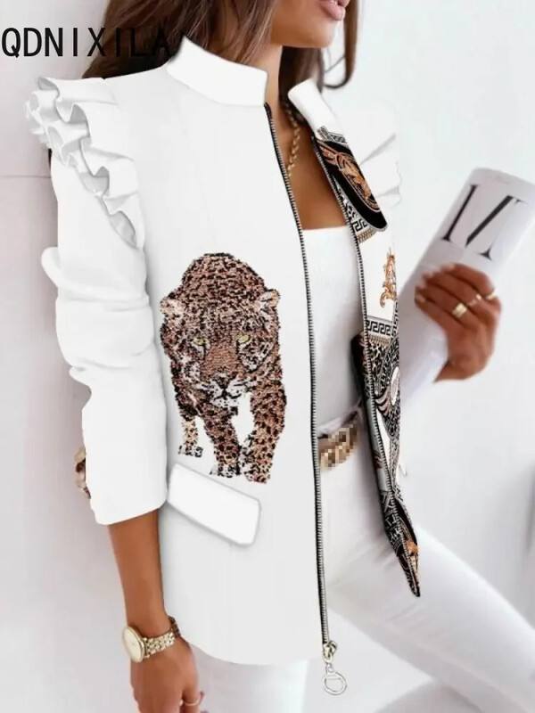 Novi jesenski i zimski kaput s malim odijelom s dugim rukavima i patentnim zatvaračem s volanima Ženska šik i elegantna ženska jakna Ženski kaputi