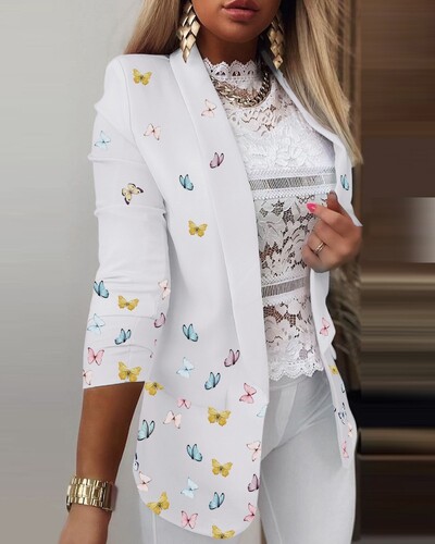 Costum casual cu mânecă lungă Îmbrăcăminte exterioară pentru damă de birou, primăvară, toamnă, guler răsturnat, blazer cu imprimeu fluture, paltoane pentru femei 2023