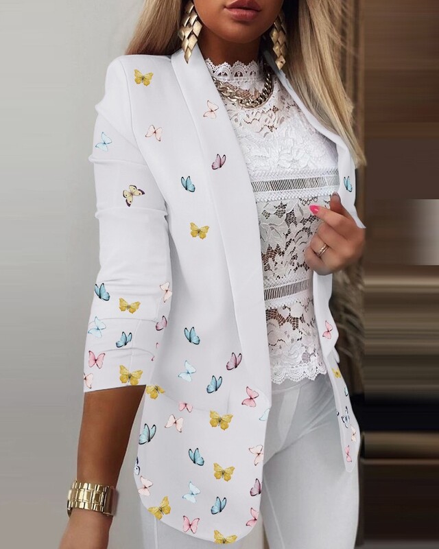 Costum casual cu mânecă lungă Îmbrăcăminte exterioară pentru damă de birou, primăvară, toamnă, guler răsturnat, blazer cu imprimeu fluture, paltoane pentru femei 2023