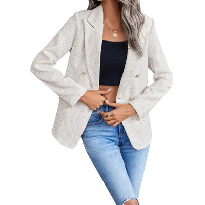 Есен Зима 2024 г. Нов продукт Дамска мода и ежедневна реверна врата Двуредно палто от туид със златни копчета Елегантен костюм