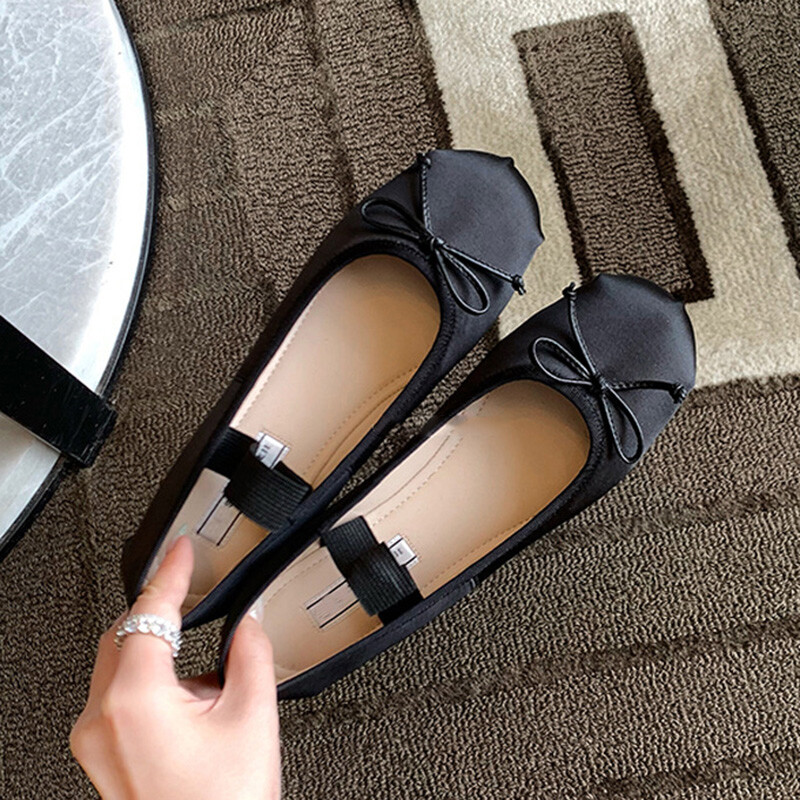 Banda elastica Papioni din matase balerini femei cu varf rotund mocasini cu fundita roz cu fundul moale Mary Janes mocasini de matase pentru femei marime mare 43