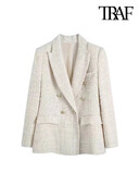 TRAF Ženska modna jakna s dvostrukim kopčanjem od tvida Vintage dugih rukava s preklopnim džepovima Ženska gornja odjeća Chic Veste Femme