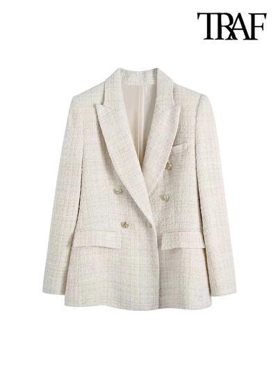 TRAF Blazer la modă pentru femei din tweed dublu piept, vintage, cu mâneci lungi, buzunare cu clapetă, îmbrăcăminte exterioară pentru femei, veste șic pentru femei