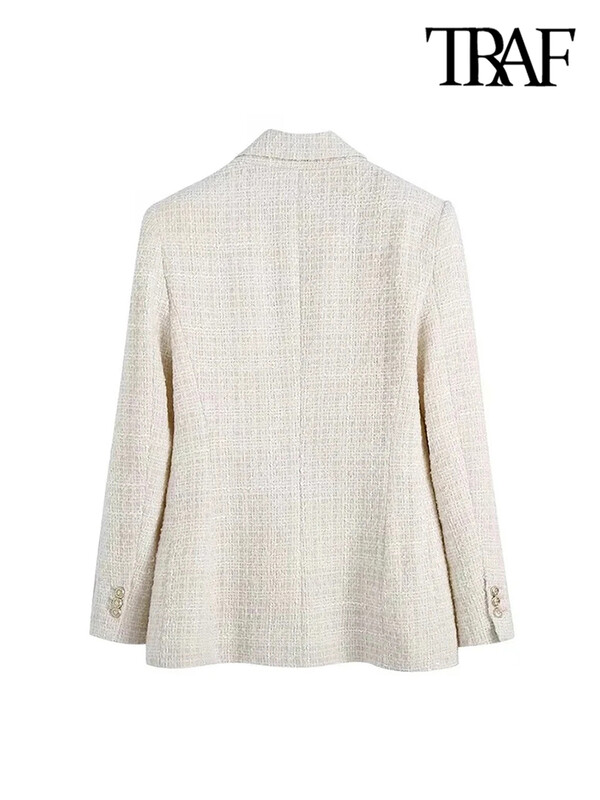 TRAF Ženska modna jakna s dvostrukim kopčanjem od tvida Vintage dugih rukava s preklopnim džepovima Ženska gornja odjeća Chic Veste Femme